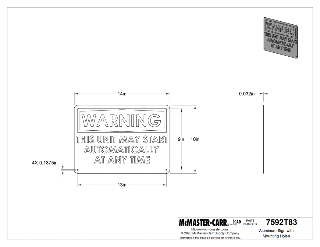 Technical Drawing of Aluminum Sign with Mounting Holes, (Warning This Unit May Start...)10" High x 14" Wide.